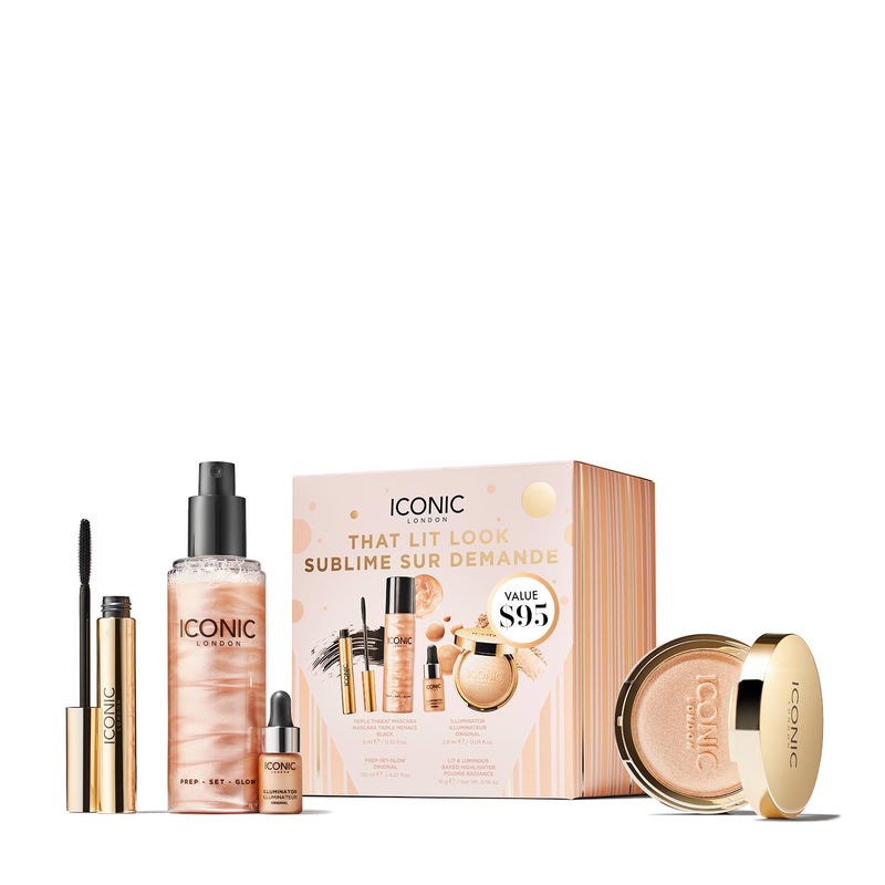 ICONIC LONDON ICONIC LONDON That Lit Look Gift Set  Includes PrepSetGlow Original Triple Threat Mascara Illuminator Mini and Lit  Luminous Baked Highlighter
