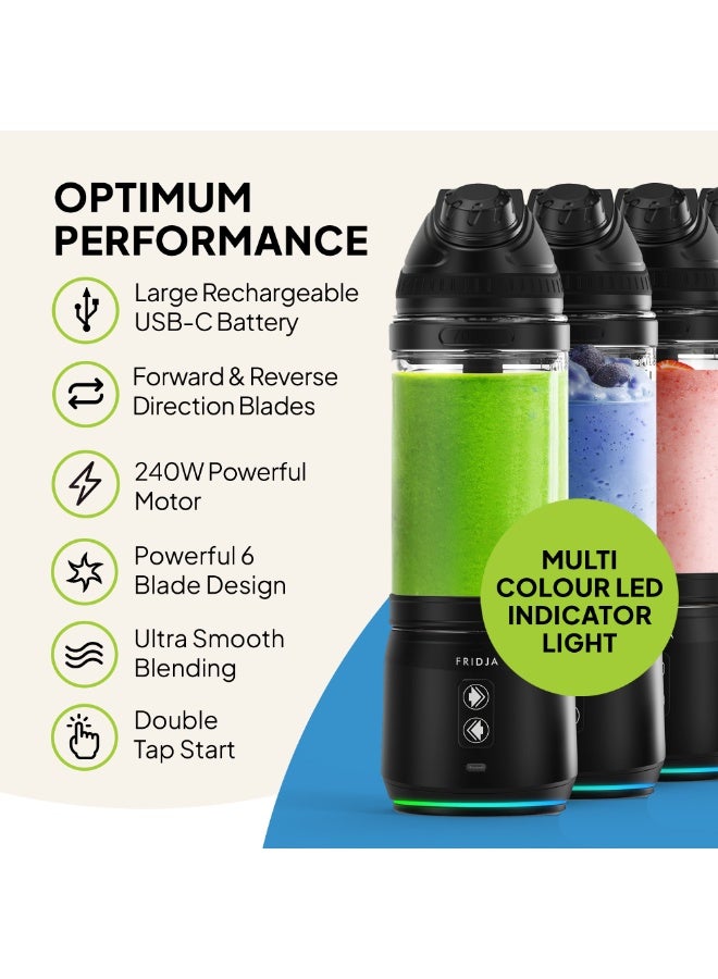 Fridja F500 Portable Blender, Powerful 240W Motor, USB-C Rechargeable, Leakproof & Compact Design, Perfect for Smoothies, Protein Shakes, Travel & Gym, BPA-Free Bottle, 6 Leaf Serrated Blades, 700ml - Image 5