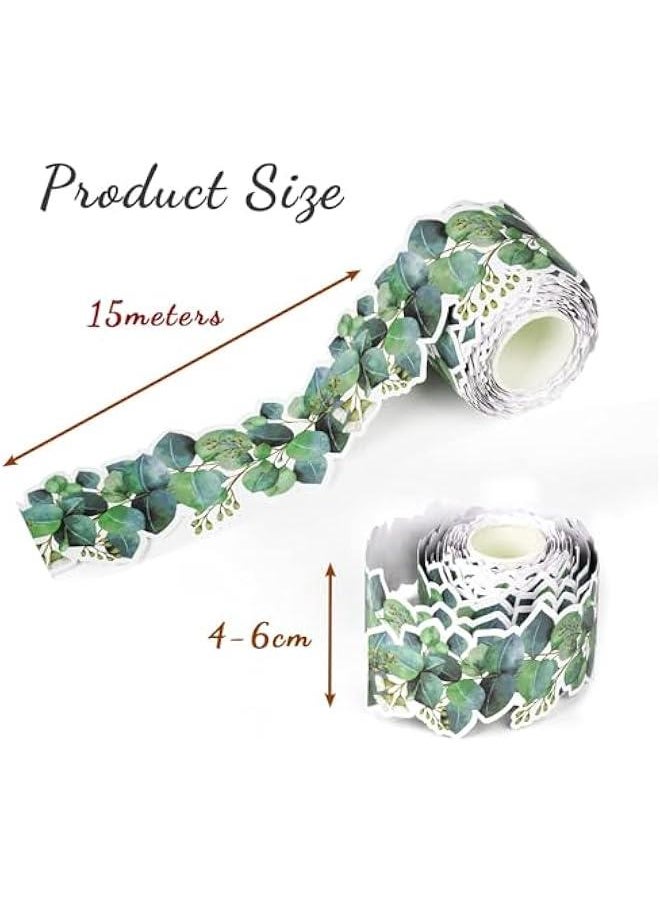 MOXO - 49ft Eucalyptus DieCut Border Trim Bulletin Board Classroom Border Trim Eucalyptus Themed Border Sticker for Photo Wall Bulletin Boards Desks Display Home and School Decorations Green - Image 1