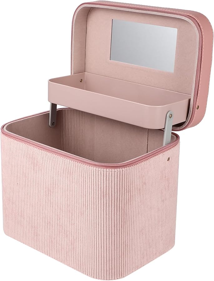 Pink Synthetic Leather Dual Layer Large Capacity Travel Makeup Case With Mirror - Image 1