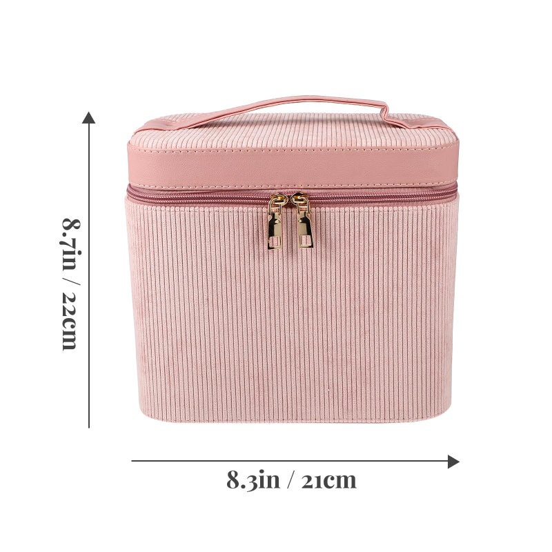 Pink Synthetic Leather Dual Layer Large Capacity Travel Makeup Case With Mirror - Image 3