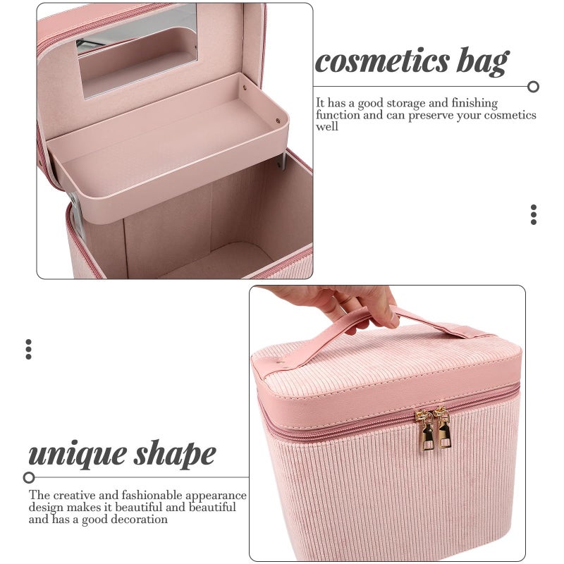 Pink Synthetic Leather Dual Layer Large Capacity Travel Makeup Case With Mirror - Image 4