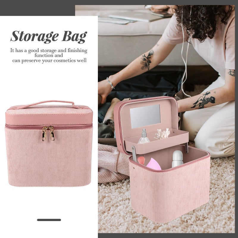 Pink Synthetic Leather Dual Layer Large Capacity Travel Makeup Case With Mirror - Image 5