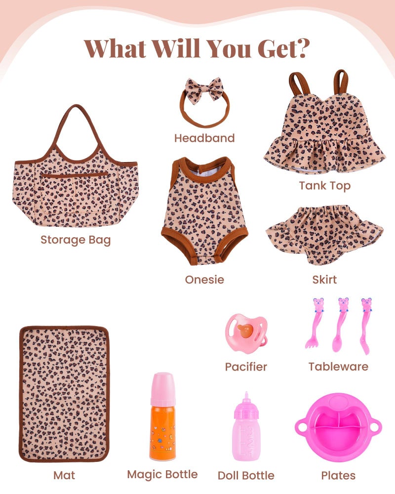 BABESIDE 13Pcs Baby Doll Clothes and Accessories for 10-12 inch Dolls, Baby Doll Feeding and Care Set with Carry Bag, Bottles, Tableware, Baby Doll Outfit for Doll Girl Boy (Leopard Pattern) - Image 5