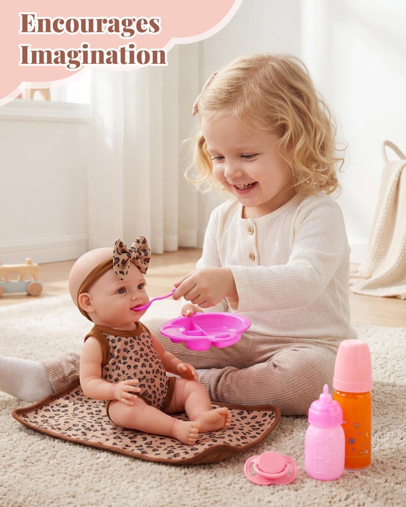 BABESIDE 13Pcs Baby Doll Clothes and Accessories for 10-12 inch Dolls, Baby Doll Feeding and Care Set with Carry Bag, Bottles, Tableware, Baby Doll Outfit for Doll Girl Boy (Leopard Pattern) - Image 3