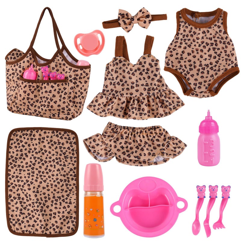 BABESIDE 13Pcs Baby Doll Clothes and Accessories for 10-12 inch Dolls, Baby Doll Feeding and Care Set with Carry Bag, Bottles, Tableware, Baby Doll Outfit for Doll Girl Boy (Leopard Pattern) - Image 1