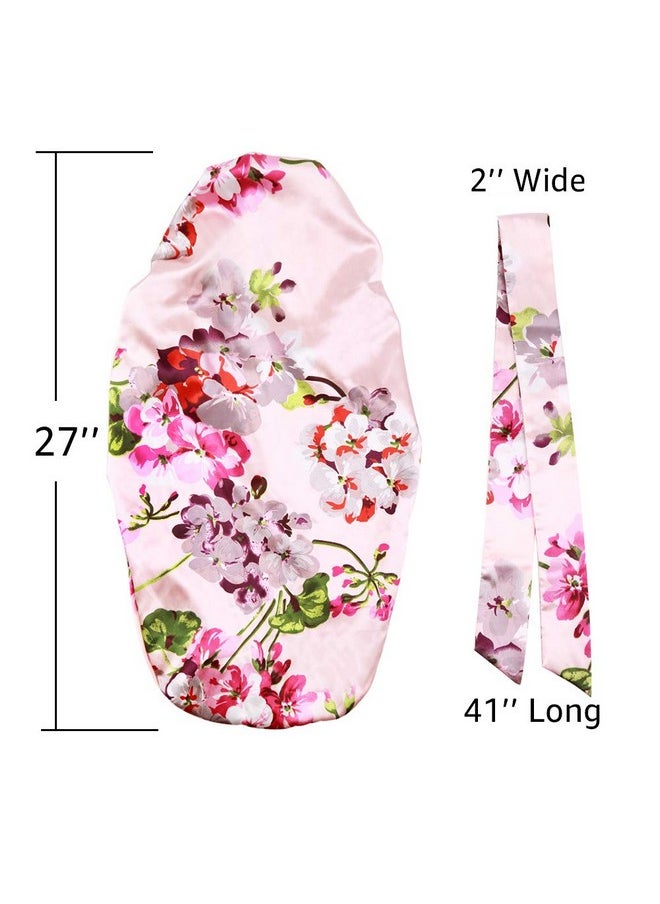 sent hair Extra Large Satin Bonnet For Women Sleeping Silky Elastic Sleep Cap With Tie Band Doublelayer Long Hair Bonnet For Braids/Curly/Long Hair (Pink Floral)  - Image 2