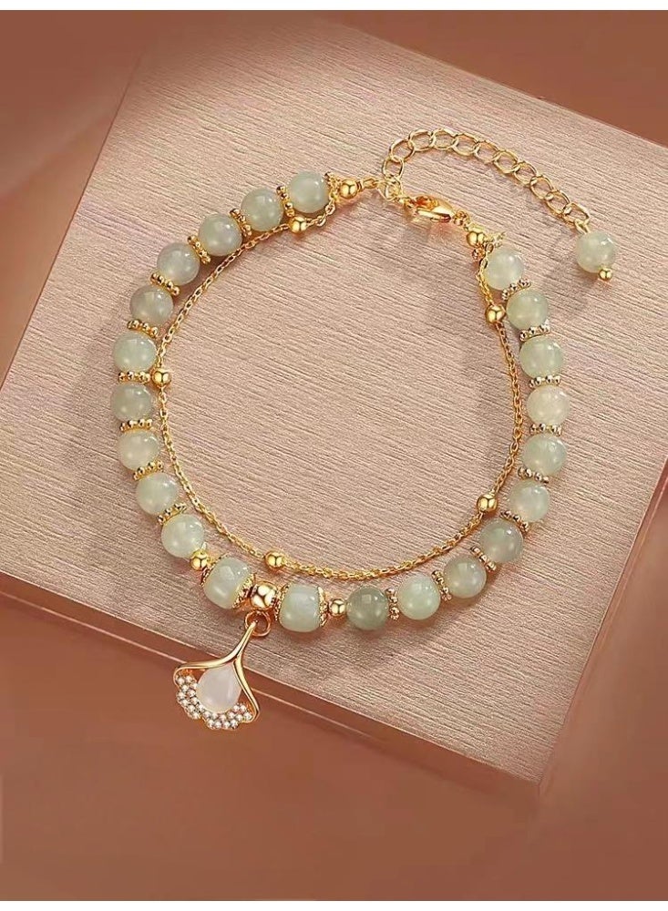 Ginkgo Leaf Double-Layer Bracelet for Women | Premium White Jade | Symbol of Eternal Love | Perfect Gift for Girlfriend | High-End Women's Jewelry - Image 3
