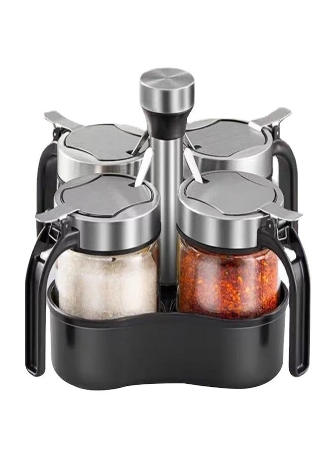 TINMIX Revolving Condiment Pots Sugar Bowl Salt & Pepper Cellar with Lid and Spoon, Set of 4 Seasoning Box Spice Jar with 360 Rotating Holder Tray for Kitchen, 4 Pots - Image 1