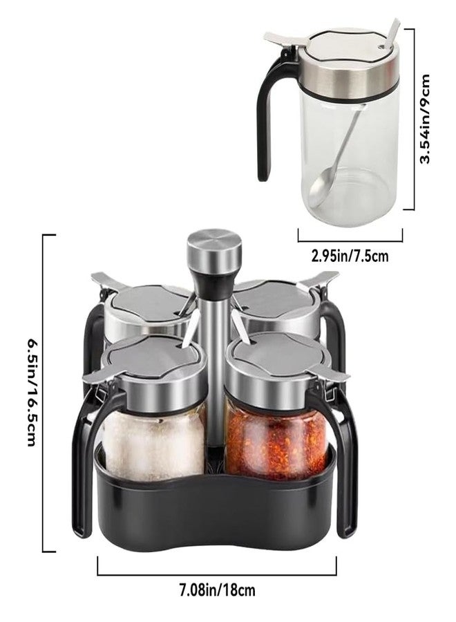 TINMIX Revolving Condiment Pots Sugar Bowl Salt & Pepper Cellar with Lid and Spoon, Set of 4 Seasoning Box Spice Jar with 360 Rotating Holder Tray for Kitchen, 4 Pots - Image 2