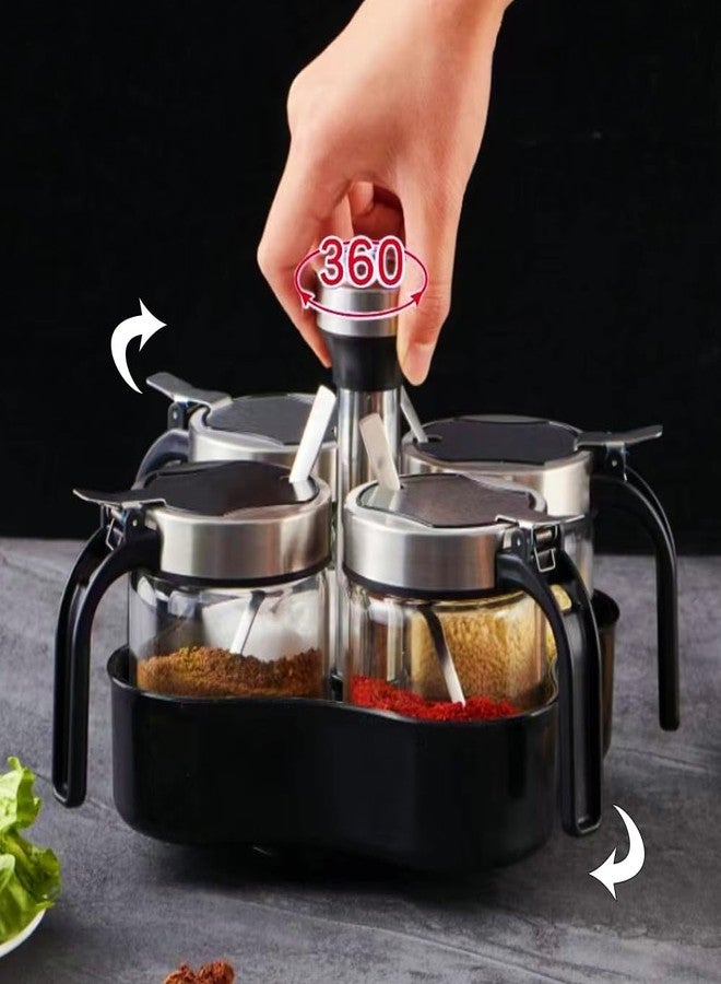 TINMIX Revolving Condiment Pots Sugar Bowl Salt & Pepper Cellar with Lid and Spoon, Set of 4 Seasoning Box Spice Jar with 360 Rotating Holder Tray for Kitchen, 4 Pots - Image 3