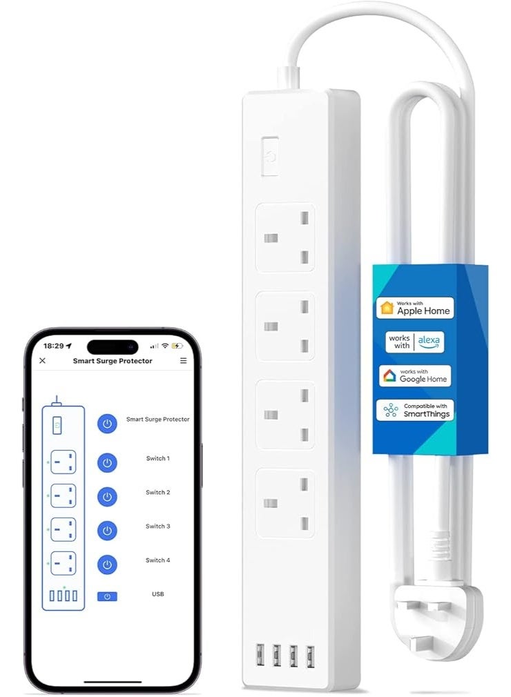 Meross Smart Power Strip - Apple HomeKit, Alexa, Google Home Compatible - 4 AC Outlets, 4 USB Ports, Wi-Fi Surge Protector - White