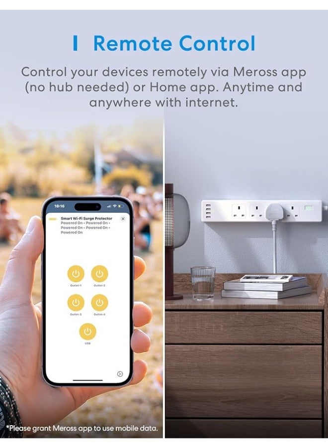 Meross Smart Power Strip - Apple HomeKit, Alexa, Google Home Compatible - 4 AC Outlets, 4 USB Ports, Wi-Fi Surge Protector - White - Image 2