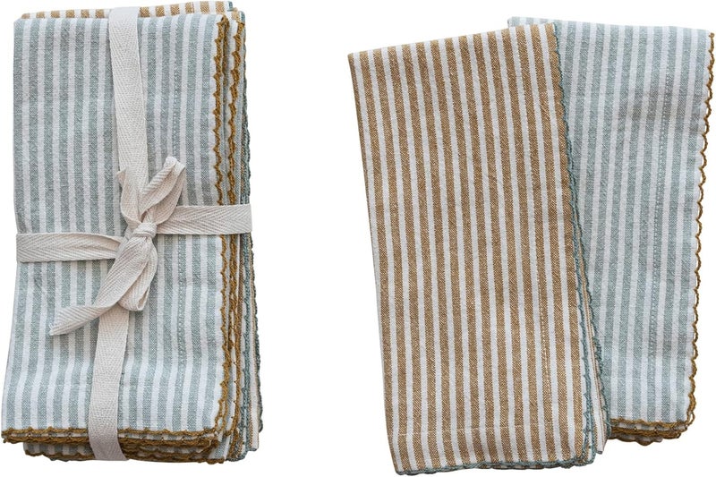 Creative CoOp Square Cotton Scalloped Edge and Stripes Set of 4 2 Colors Napkin Multi - Image 1