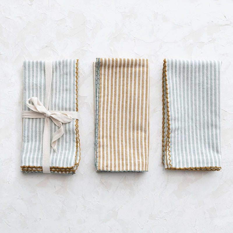 Creative CoOp Square Cotton Scalloped Edge and Stripes Set of 4 2 Colors Napkin Multi - Image 2
