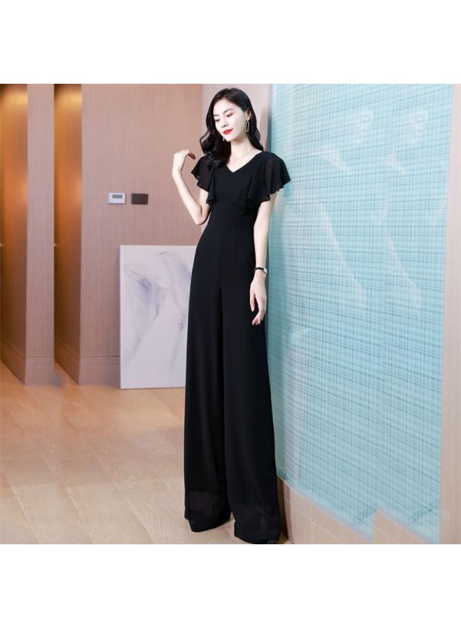 2024 Summer Chiffon Jumpsuit One-piece Thin Wide Leg Pants A Set Of Temperament Slim Lotus Sleeve Jumpsuit 