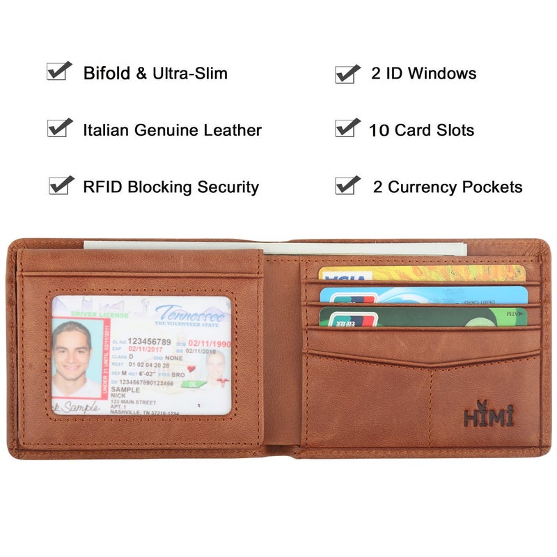 HIMI Wallet for Men-Genuine Leather RFID Blocking Bifold Stylish Wallet With 2 ID Window (Brown) - Image 3