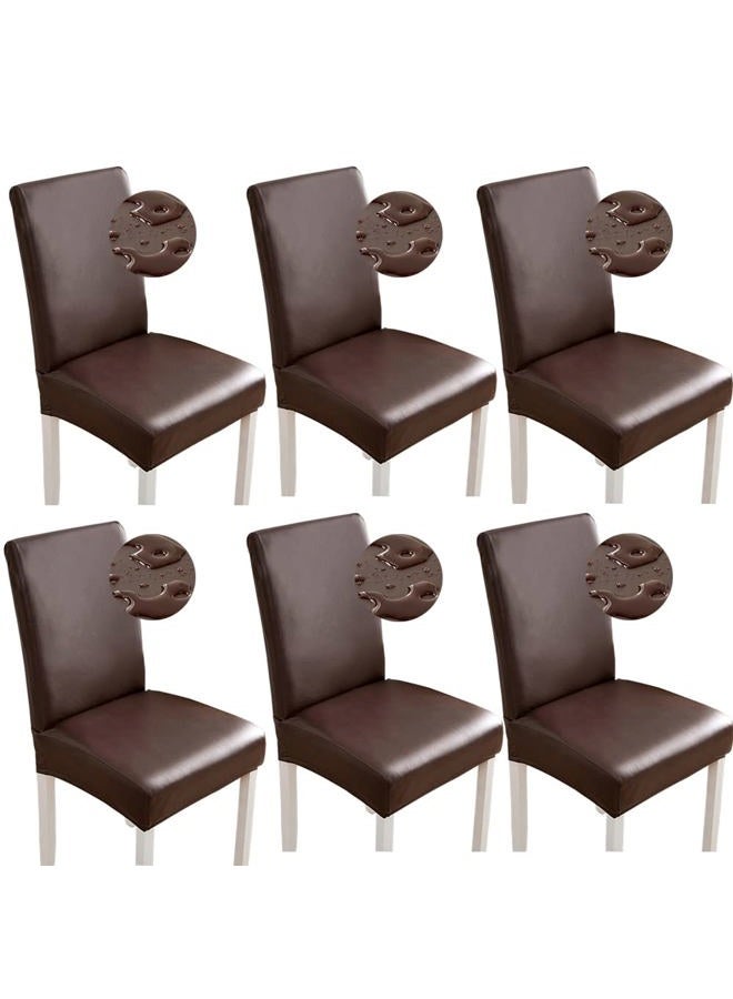 Shukii Stretch Dining Chair Covers Waterproof PU Leather Chair Slipcovers Chair Protector Cover Universal Chair Covers for Dining Room Kitchen Hotel (Set of 6, Coffee) - Image 1
