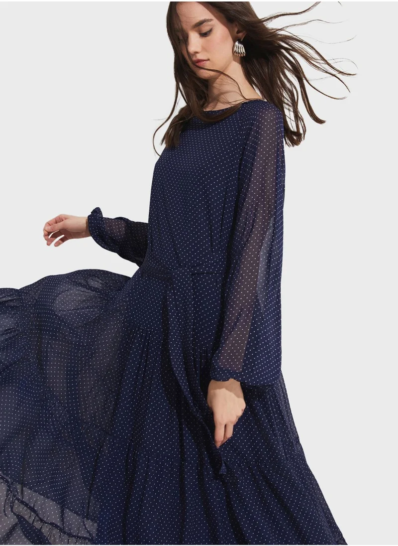 JUNE Belted Puff Sleeve Tiered Dress