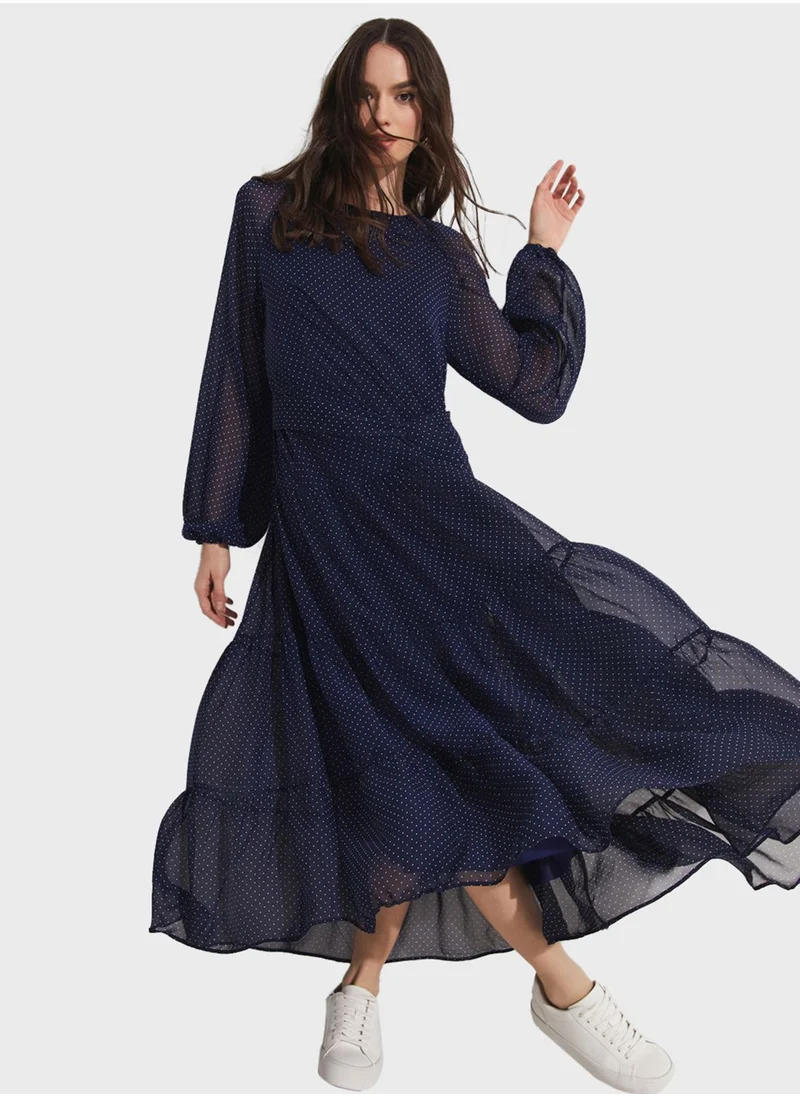 JUNE Belted Puff Sleeve Tiered Dress