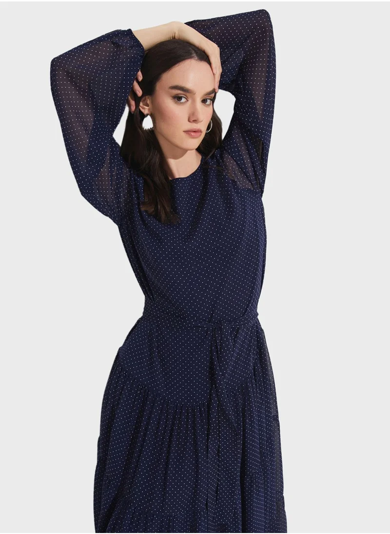 JUNE Belted Puff Sleeve Tiered Dress