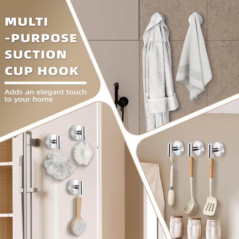 Fenas Suction Cup Hooks for Shower - Bathroom Reusable Hooks for Towels, Robes & Loofah - No-Drill Mounting on Kitchen,Walls,Metal,Glass,Mirrors,Tile & Smooth Non-Porous Surfaces (2, Chrome Polished) - Image 2