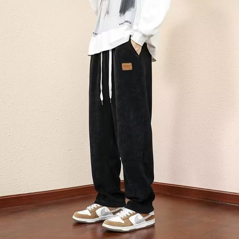 Casual Pants Mens Spring Straight Drop Loose Trendy Brand All-Match Pants Corduroy Drawstring Sports Pants for Men Black - Image 2