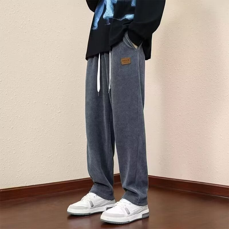 Casual Pants Mens Spring Straight Drop Loose Trendy Brand All-Match Pants Corduroy Drawstring Sports Pants for Men Black - Image 3