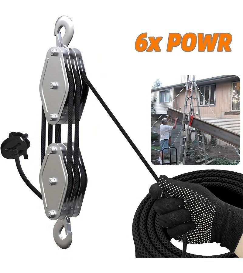 White Heavy Duty 3 Wheel Rope Pulley Block Hoist System 5 To 1 Power Ratio 590 Inch Capacity For Garage Warehouse Construction - Image 5