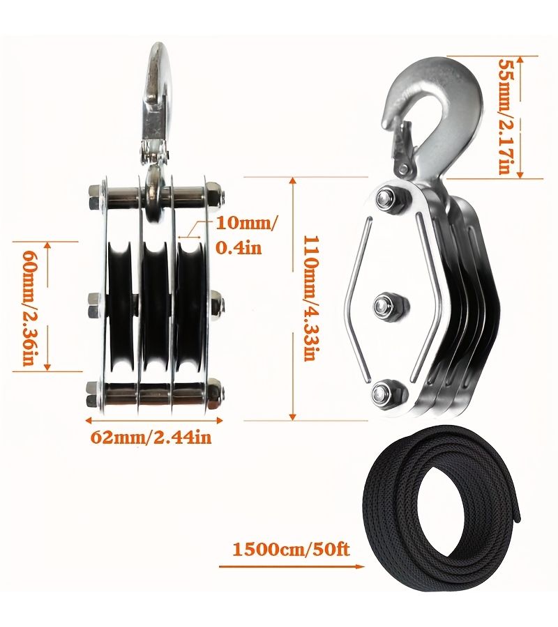 White Heavy Duty 3 Wheel Rope Pulley Block Hoist System 5 To 1 Power Ratio 590 Inch Capacity For Garage Warehouse Construction - Image 3