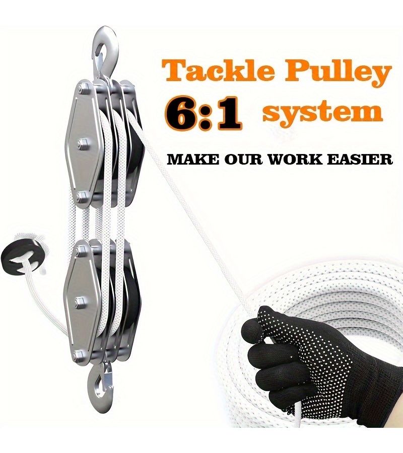 White Heavy Duty 3 Wheel Rope Pulley Block Hoist System 5 To 1 Power Ratio 590 Inch Capacity For Garage Warehouse Construction - Image 1