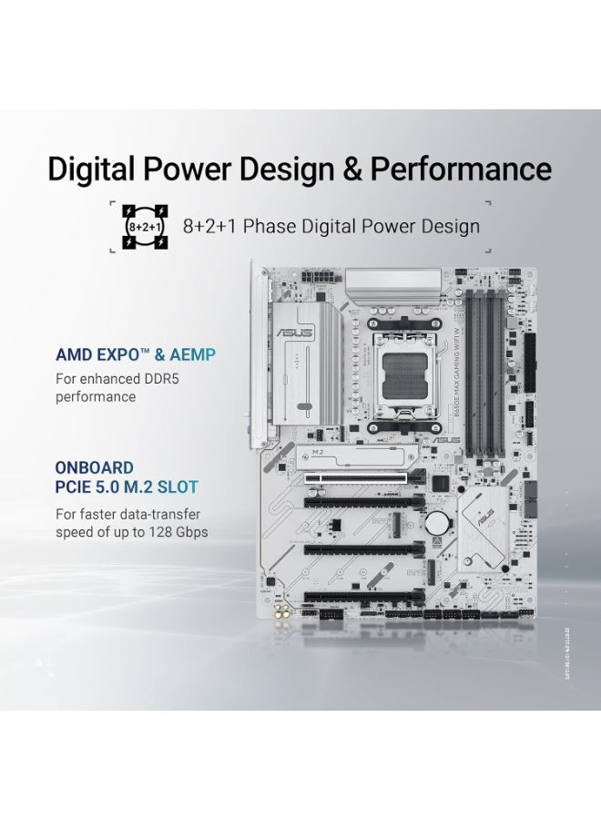 أسوس ASUS B650E MAX Gaming WiFi W Motherboard Socket AMD AM5 (Ryzen 9000, DDR5 Memory, PCIe 5.0, 3X M.2, WiFi 6E, BIOS Flashback, Aura Sync, CEC Tier II) - Image 3