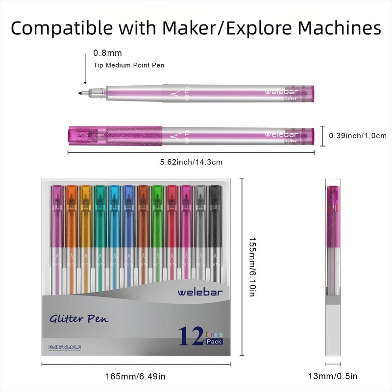 Welebar Glitter Gel Pen Set Compatible with Cricut Maker 3/Maker 4/Maker/Explore 3/Explore 4/Air 2/Air, 0.8 Tip Glitter Pen Set of 12 Pack Medium Point Pen, Writing, Drawing, Invitations, Cards - Image 3