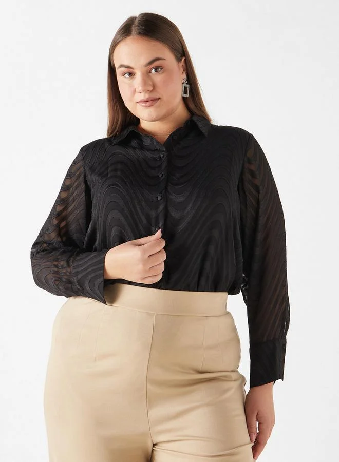 Ulla Popken Plus Size Ulla Popken Textured Shirt with Long Sleeves