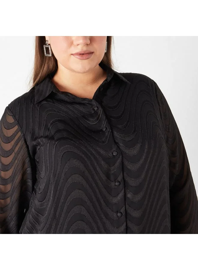 Ulla Popken Plus Size Ulla Popken Textured Shirt with Long Sleeves
