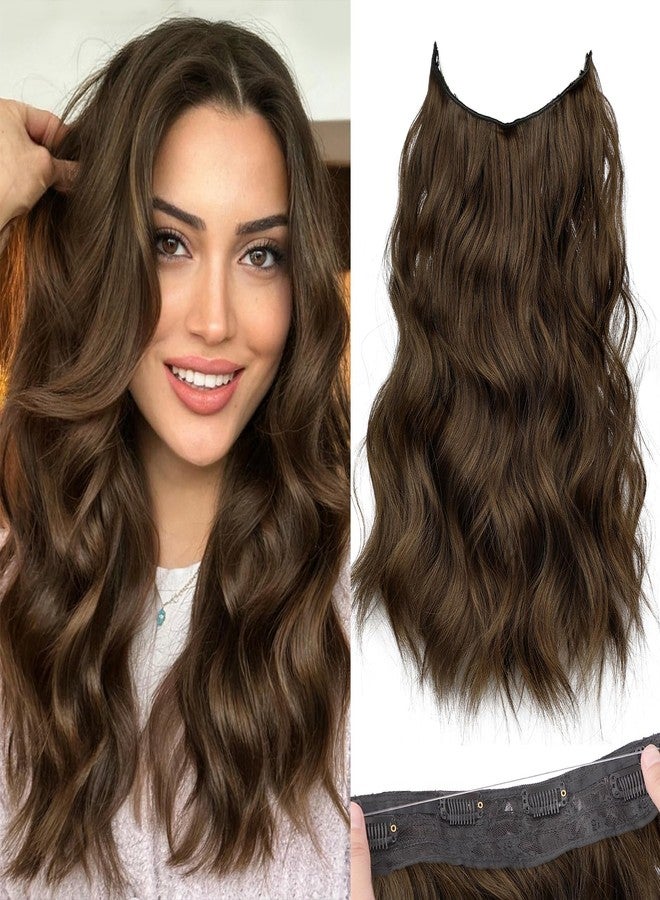 كوكا ستايل وصلات شعر كوكا ستايل غير المرئية بسلك شفاف، قابلة للتعديل، طويلة ومموجة، مصنوعة من مواد صناعية، لون بني متوسط غني، طولها 16 بوصة، مزودة بأربعة مشابك تثبيت للنساء - Image 1