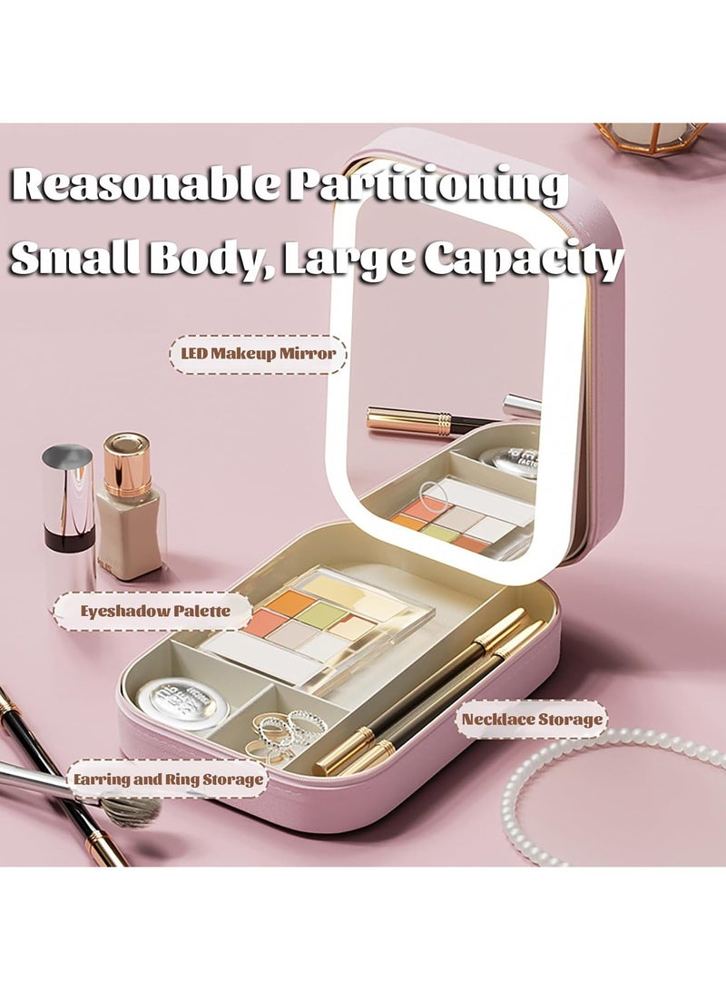 2 in 1 Jewelry Box, Travel Makeup Bag with LED Lighted, Make up Case with Lighting Mirror, Portable Cosmetic Bags, Beauty Tools Organizer, Rechargeable 3 Color Lights for Women（Pink）  - Image 5