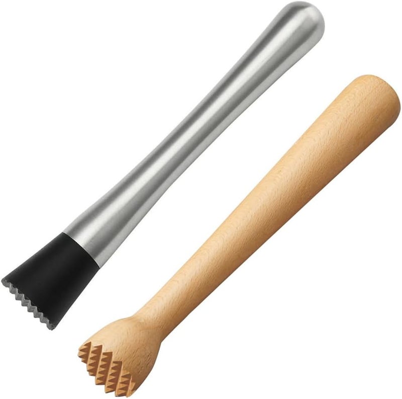 datsto 2Pcs Muddler for Cocktails 10 Inch - Stainless Steel and Wooden Drink Muddlers for Mojitos Mint & Fruit Based Drinks - Bartender Tool for Bars and Home - Image 1