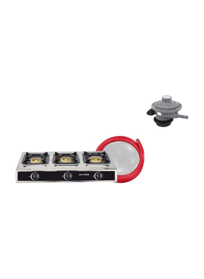 3-Burner Stainless Steel Gas Stove – Automatic Piezo Ignition, High-Efficiency Brass Burners, Rust-Resistant Design, Easy to Clean – Ideal for Home & Commercial Use & Gas Regulator with 2 Meter Hose and Clamps – Safe Gas Connection Set for Home Cooking and Outdoor Use Bundle - Image 1