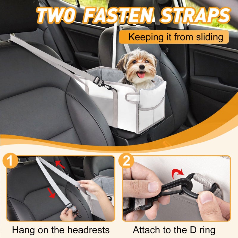 NECKORY Portable Dog Car Seat for Small Dogs - Pet Booster Seat with Safety Leash, Adjustable Straps, Washable Cushion & Storage Pocket - Center Console Puppy Car Seat for Travel - Beige - Image 5