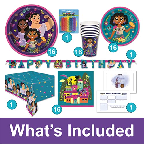 Costume Wizard Encanto Themed Happy Birthday Party Supplies for Kids, Serves 16, Decorations and Dinnerware set with Table Cover, Plates, Napkins, Banner, Cups, Candles and Party Planning List - Image 2