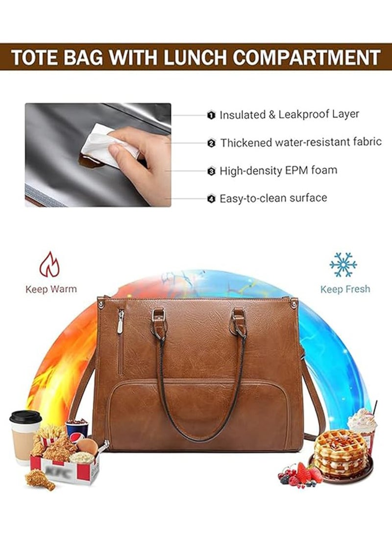 Women's 2-in-1 Laptop Tote Bag with Insulated Lunch Compartment, 15.6 Inch, Brown PU Leather - Image 2