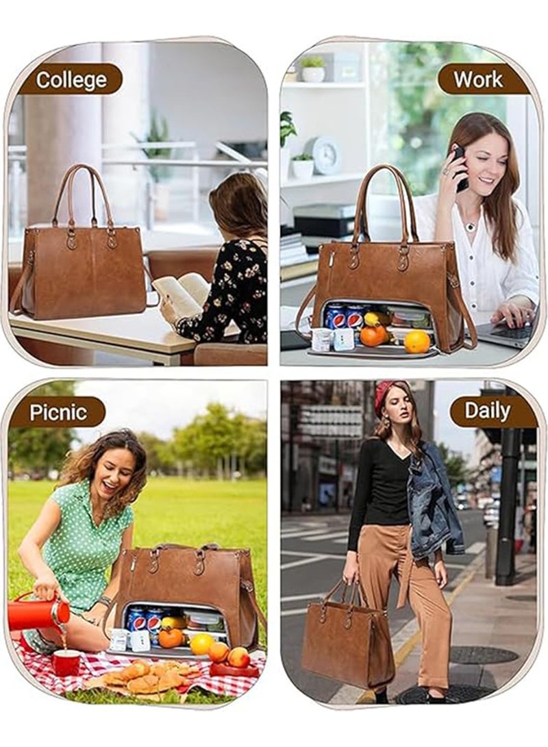 Women's 2-in-1 Laptop Tote Bag with Insulated Lunch Compartment, 15.6 Inch, Brown PU Leather - Image 5