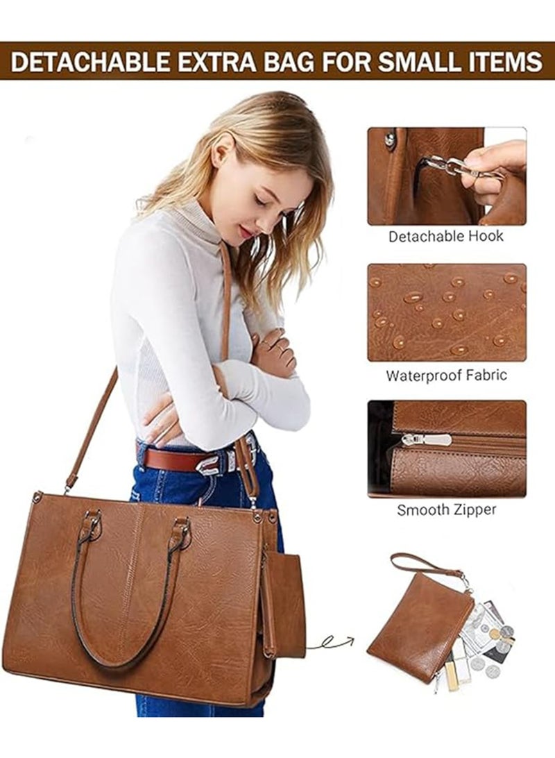 Women's 2-in-1 Laptop Tote Bag with Insulated Lunch Compartment, 15.6 Inch, Brown PU Leather - Image 3