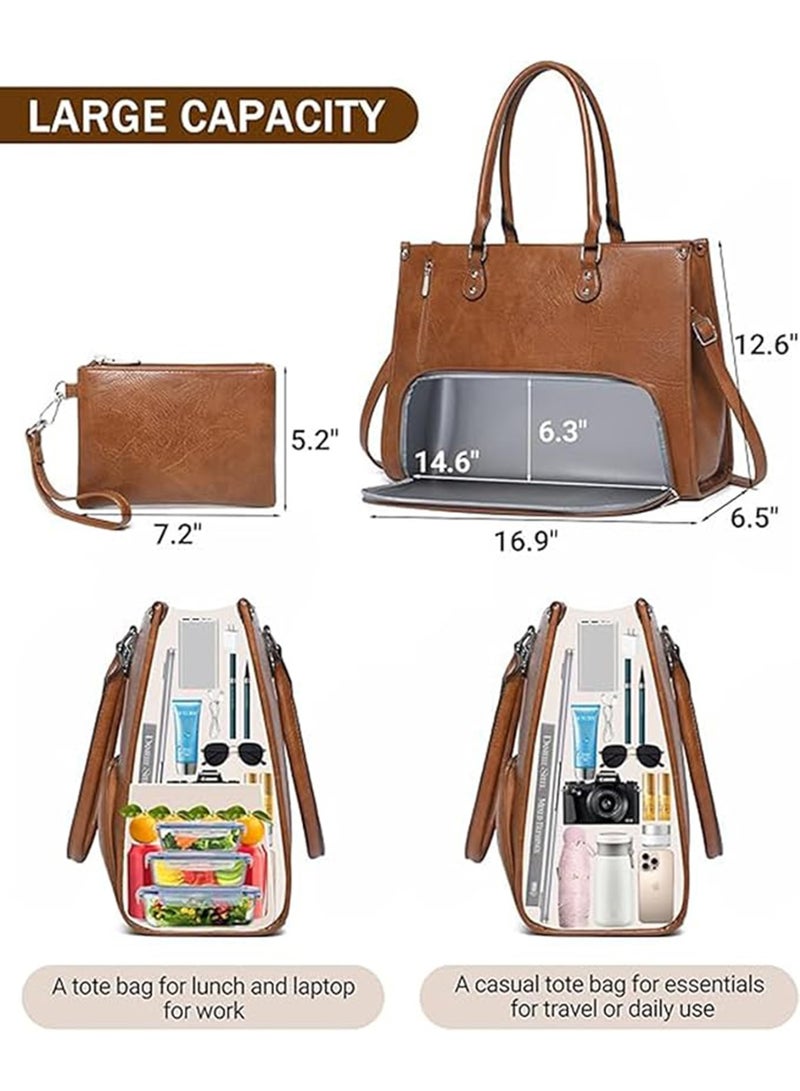 Women's 2-in-1 Laptop Tote Bag with Insulated Lunch Compartment, 15.6 Inch, Brown PU Leather - Image 4