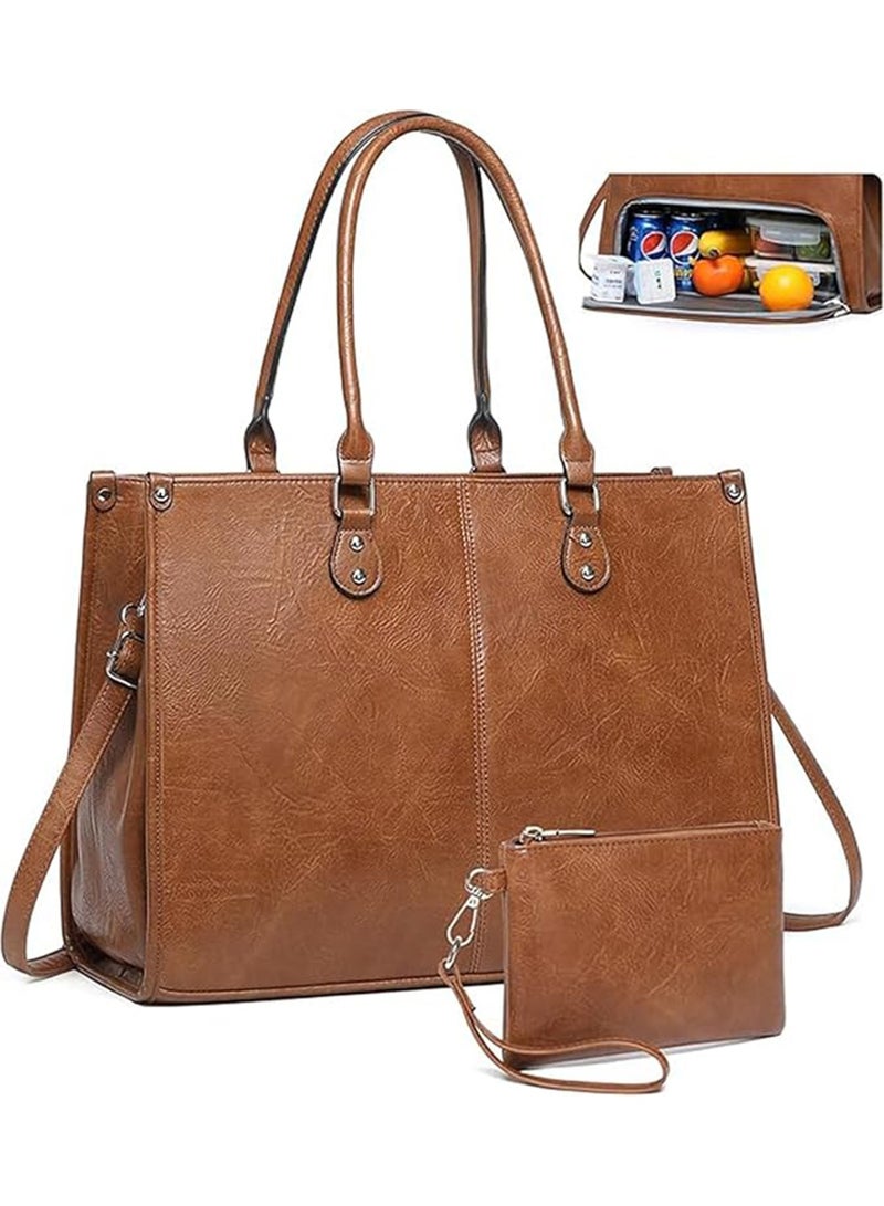 Women's 2-in-1 Laptop Tote Bag with Insulated Lunch Compartment, 15.6 Inch, Brown PU Leather - Image 1