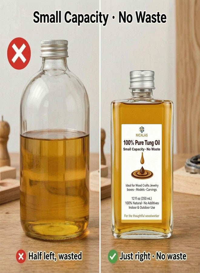 Nicalas 12oz Pure Tung Oil for Wood Finishing, Small Capacity for Woodworking Crafts, No Waste 100% Natural Wood Oil for Indoor & Outdoor Furniture, Floors, Unfinished Bare Wood (12oz) - Image 2
