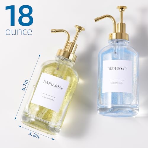 Cabo Deseado Glass Soap Dispenser with Pump, Dish and Hand Soap Dispenser for Kitchen Bathroom Set, Clear Glass Dispenser Set of 2 Pack with 18 Stickers Funnel Bamboo Tray 500ml 18oz / Each Bottle Gold Pump - Image 3