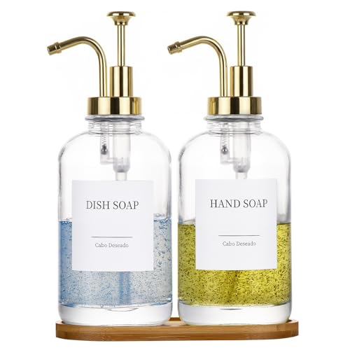 Cabo Deseado Glass Soap Dispenser with Pump, Dish and Hand Soap Dispenser for Kitchen Bathroom Set, Clear Glass Dispenser Set of 2 Pack with 18 Stickers Funnel Bamboo Tray 500ml 18oz / Each Bottle Gold Pump - Image 1