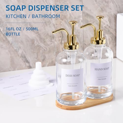 Cabo Deseado Glass Soap Dispenser with Pump, Dish and Hand Soap Dispenser for Kitchen Bathroom Set, Clear Glass Dispenser Set of 2 Pack with 18 Stickers Funnel Bamboo Tray 500ml 18oz / Each Bottle Gold Pump - Image 4